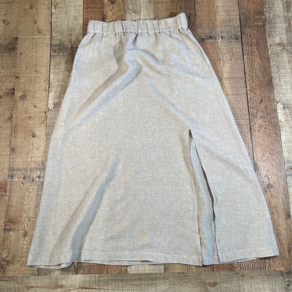 Quince 100% European Linen Midi Skirt Womens Small Beige Elastic Waist Side Slit